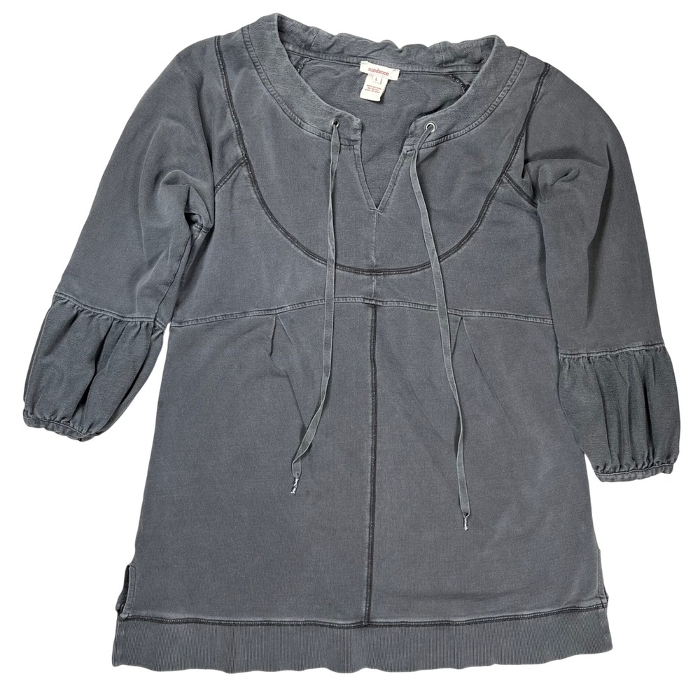 Sundance Tunic Top Womens Large Gray Cotton Split Neck Boho 3/4 Sleeve Seamed